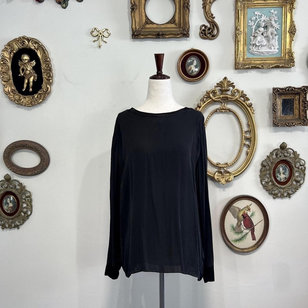 Vince Black Silk Long Sleeve Top Blouse Round Neck Size L
